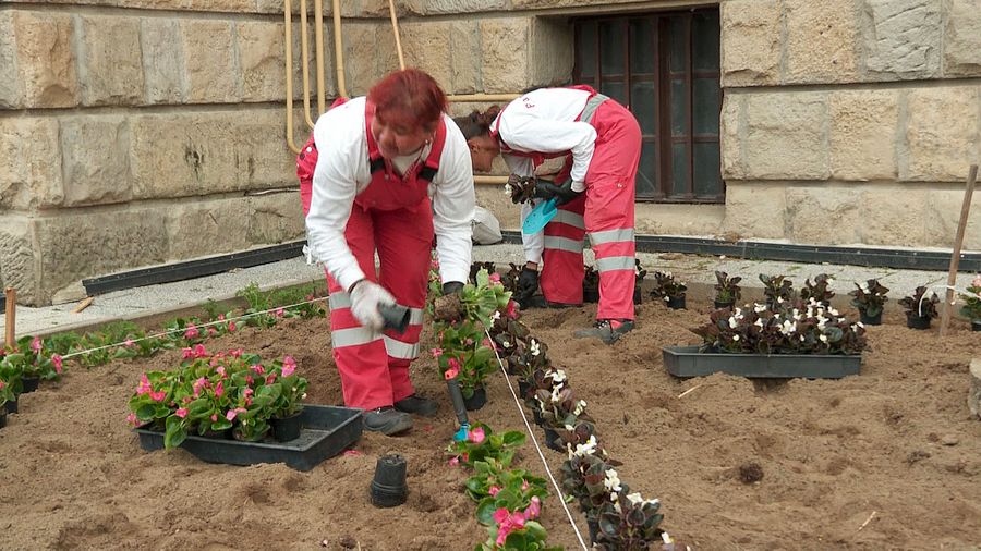 Virágot ültetnek el a Netta-Pannonia Kft. munkatársai